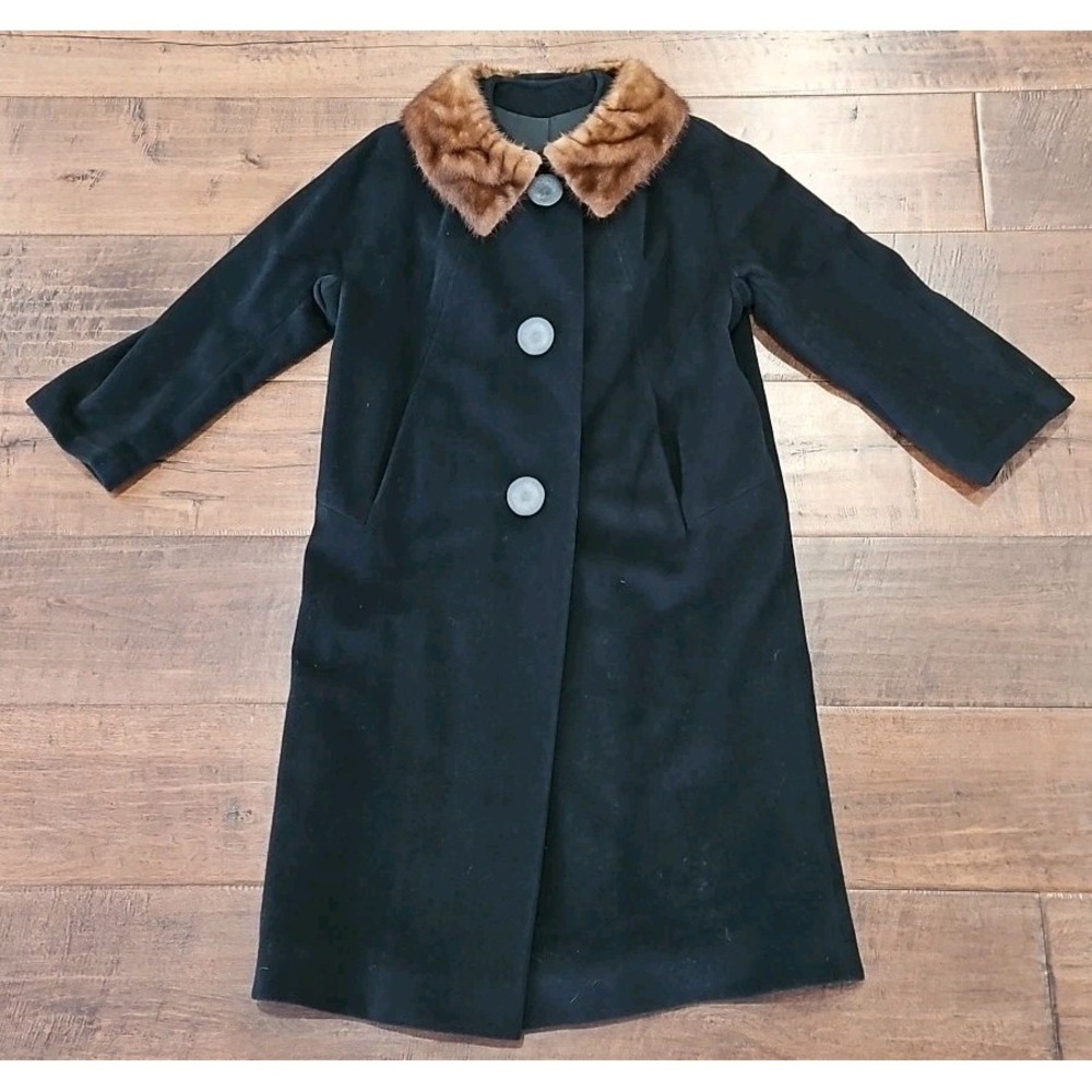 RARE Vintage 40's-60's EINIGER Black Wool, Button-Down Fur Trim Collar Coat